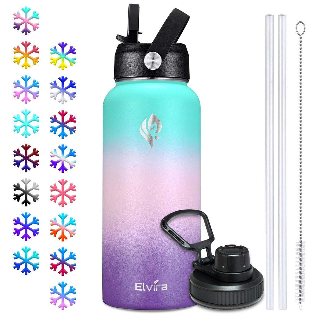 Elvira 32oz Vacuum Insulated Stainless Steel Water Bottle with Straw & Spout Lids, Double Wall Sweat-proof BPA Free to Keep Beverages Cold For 24 Hrs or Hot For 12 Hrs A1-Green/Pink/Purple Gradient - BeesActive Australia