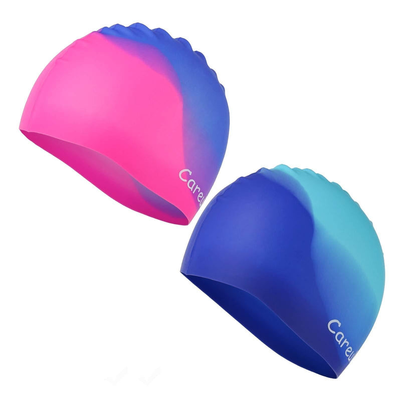 Swim Cap, 2 Pack Durable Silicone Swimming Caps for Kids Girls Boys Youths (Age 2-12), Soft 3D Ergonomic Waterproof Kids Swim Caps, Comfortable Fit for Long Hair and Short Hair Aqua & Royal Blue Small(Age 2-3) - BeesActive Australia