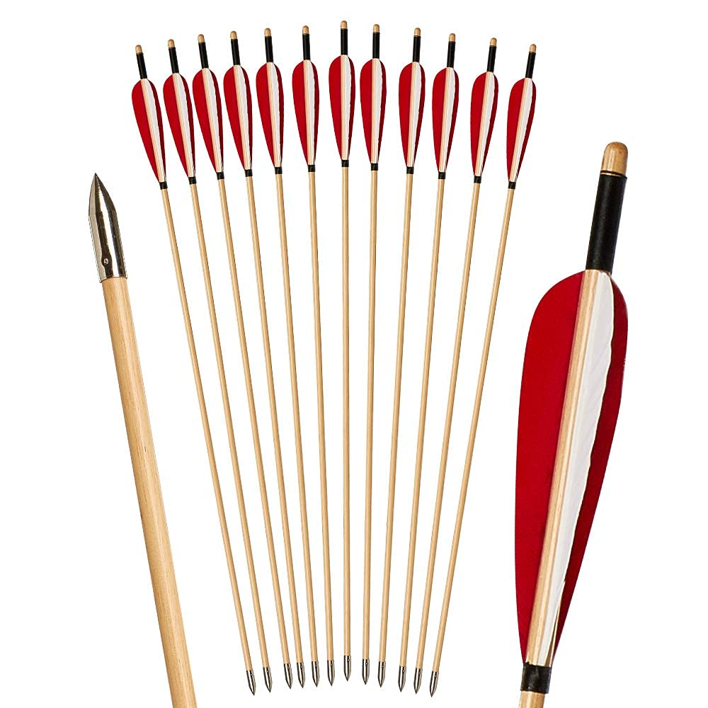 Huntingdoor Traditional Wooden Arrows 12Pcs Handmade Target Arrows with 5 Inch Turkey Feather Fletching and Field Points for Longbow Recurve and Horse Bow Archery Targeting Practice Red-White - BeesActive Australia