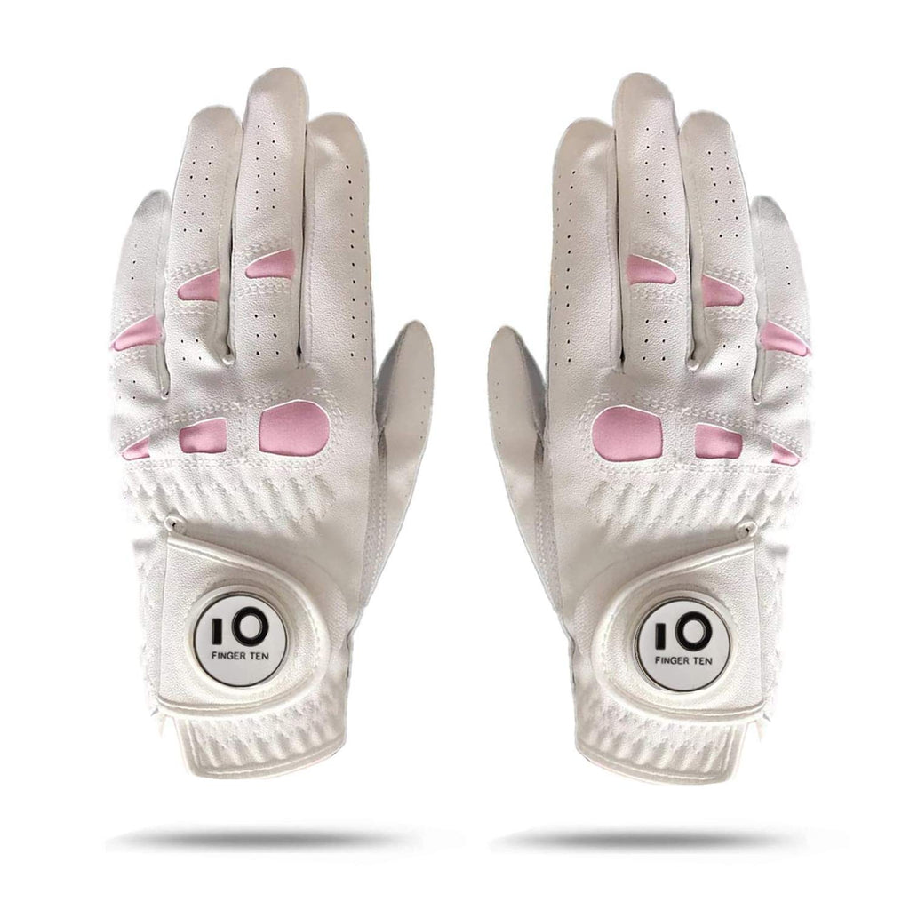 FINGER TEN Women’s Leather Golf Glove with Ball Marker Extra Grip 1 Pack, Left Right Hand Pink Fit Woman Girl, Size Small Medium Large XL 1 Pair - BeesActive Australia
