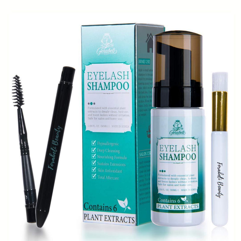 Eyelash Extension Shampoo Forabeli + Brush & Wand 50ml / Eyelid Foaming Cleanser/Nourishing Formula Lash Shampoo Wash/Paraben & Sulfate Free/Safe Makeup & Mascara Remover/Professional & Self Use - BeesActive Australia