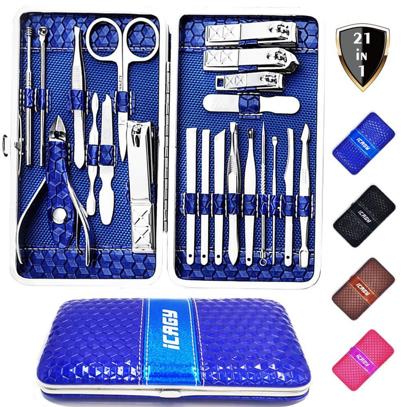 iCAGY Nail Clippers Manicure Pedicure Set Grooming Kit Stainless Steel Professional Tools for Men Women Home Travel Gift, 21 in 1 Blue Case - BeesActive Australia