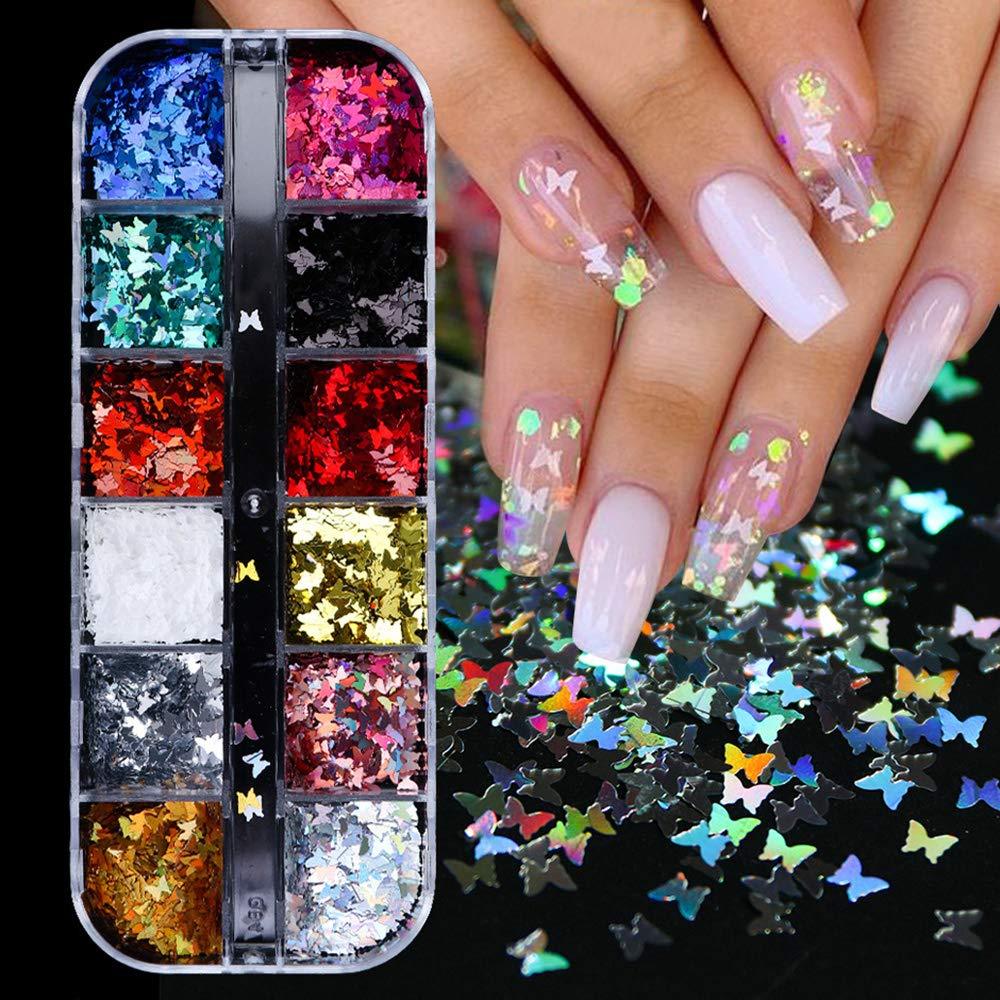 Butterfly Nail Art Glitter Decals 3D Butterfly Nail Art Sequins Holographic Sparkle Butterfly Nail Flakes for Women Nail Art Decorations Manicure Acrylic Nails Design 12 Colors/Set - BeesActive Australia