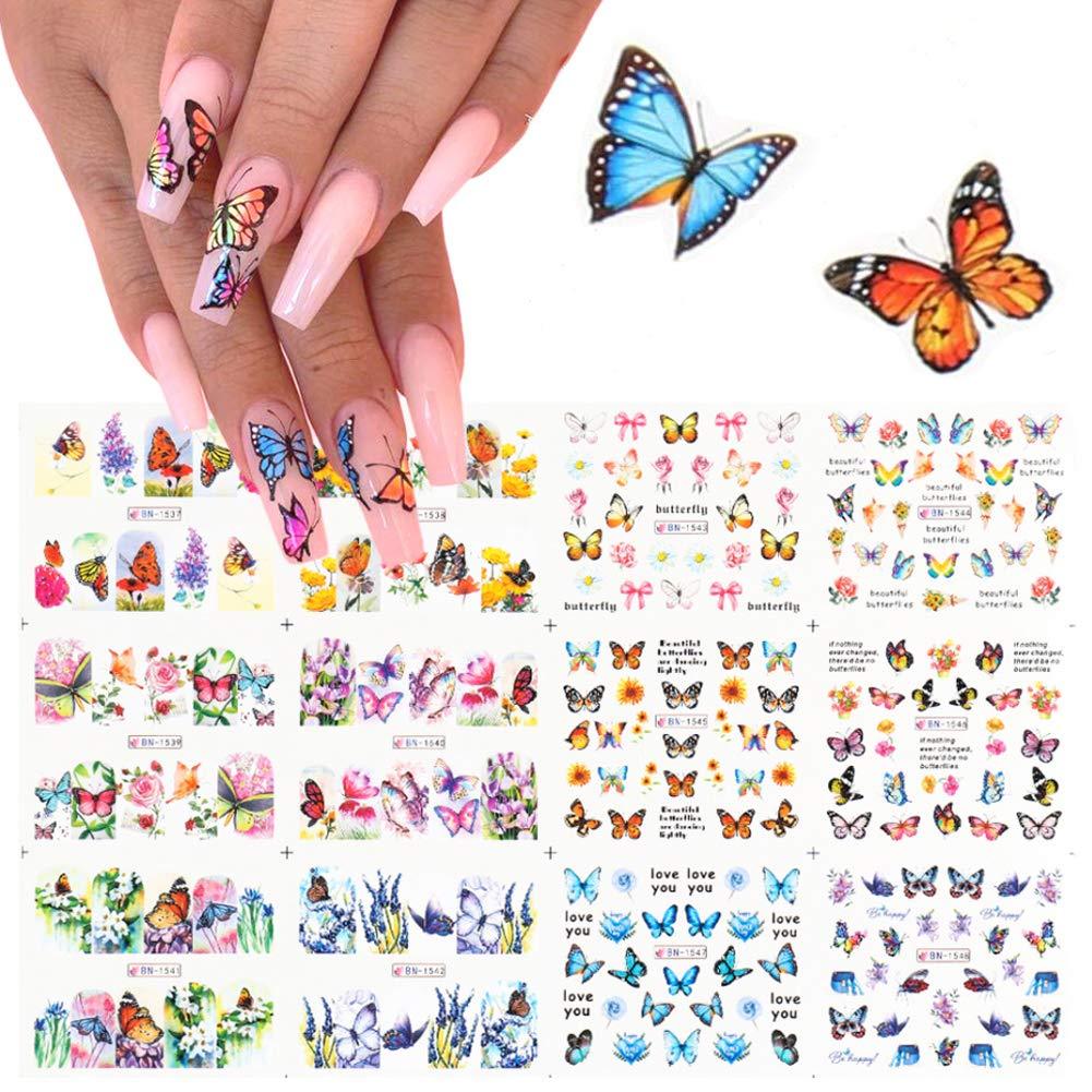 Butterfly Nail Art Decals Sticker Nail Butterfly Flower Stickers Nails Design Supply Water Transfer Nail Decals Butterflies Nail Art Supplies DIY Manicure Accessories Foil Nail Art Designs (12 Pcs) A - BeesActive Australia