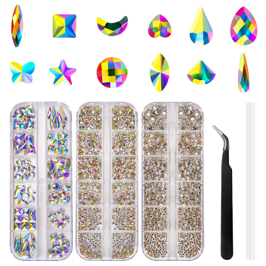 3 Boxes Glass Crystal AB Rhinestones for Nail Art Craft, 120 Shaped AB Crystal+1440 AB+1440 White Nail Art Rhinestones All Gold Bottom Nail Gems, Nail Diamond for Nail Art Supplies Nails Kit - BeesActive Australia