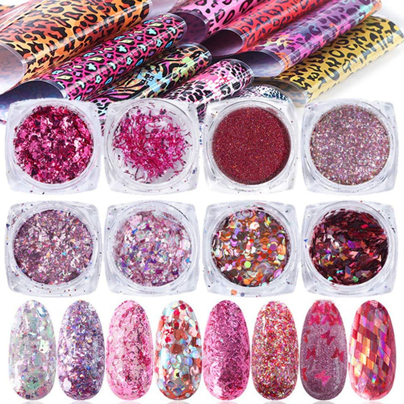 8 Boxes Nail Art Glitter Sequins Iridescent Flakes Rose Pink Purple Glitter Colorful Thin Confetti Manicure Nail Art Supplies Kit 10 Sheet Leopard Sticker Decals Decoration Glitter(partypink) - BeesActive Australia