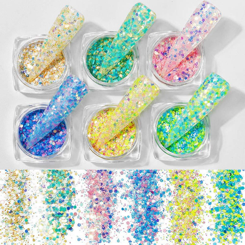 6 Box Nail Mermaid Glitter Flakes Sparkly 3D Hexagon Powder Mixed Colorful Irregular Sequins Nail Art Decorations Palliette (Colorful-A) Colorful-A - BeesActive Australia