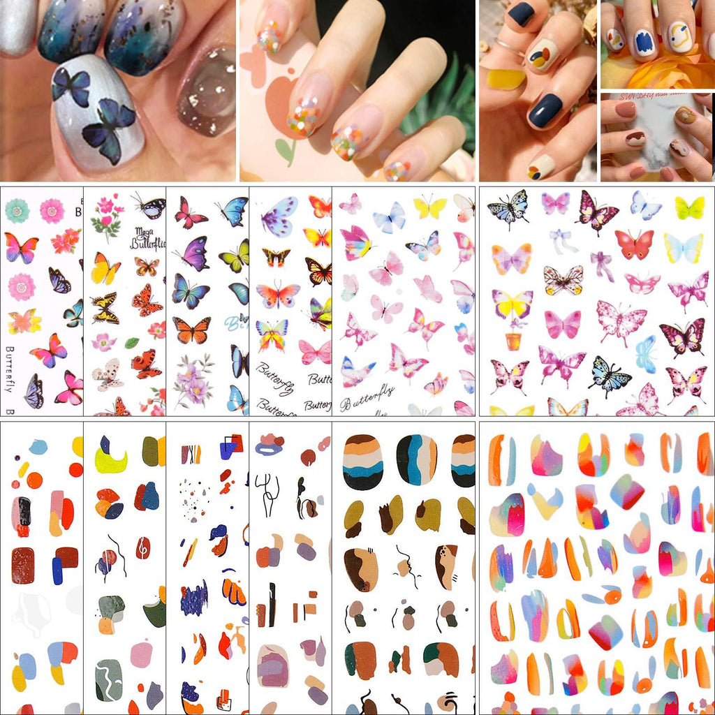 EBANKU 12 Sheets Fun Nail Art Stickers Decal, Adhesive Colorful Butterfly Nail Decals and Creative Doodle Nail Stickers, for Women Girls Nail Art Design Decoration - BeesActive Australia