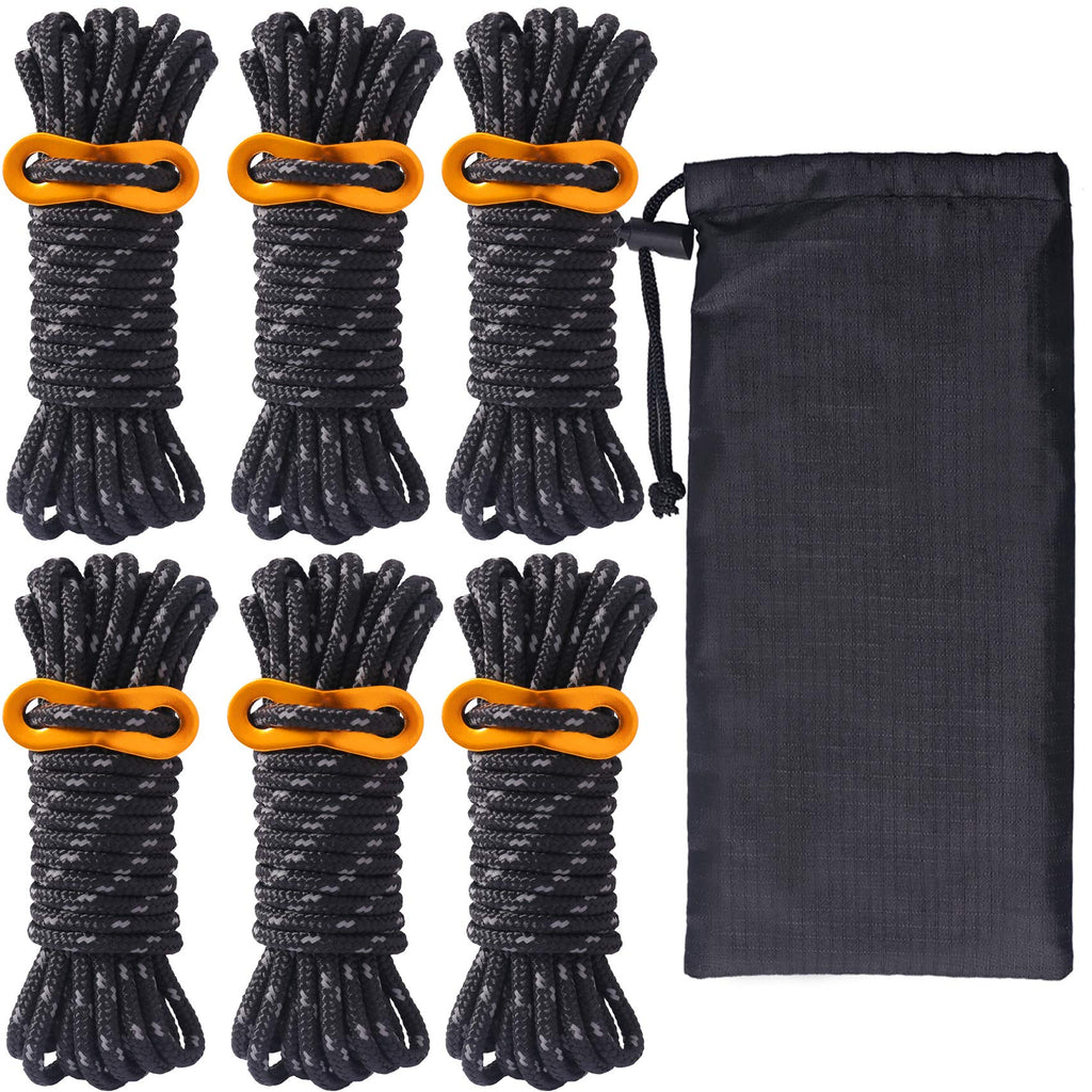 Hikeman 6 Pack 4mm Outdoor Guy Lines Tent Cords Lightweight Camping Rope with Aluminum Guylines Adjuster Tensioner Pouch for Tent Tarp, Canopy Shelter, Camping, Hiking, Backpacking (Black) Black - BeesActive Australia