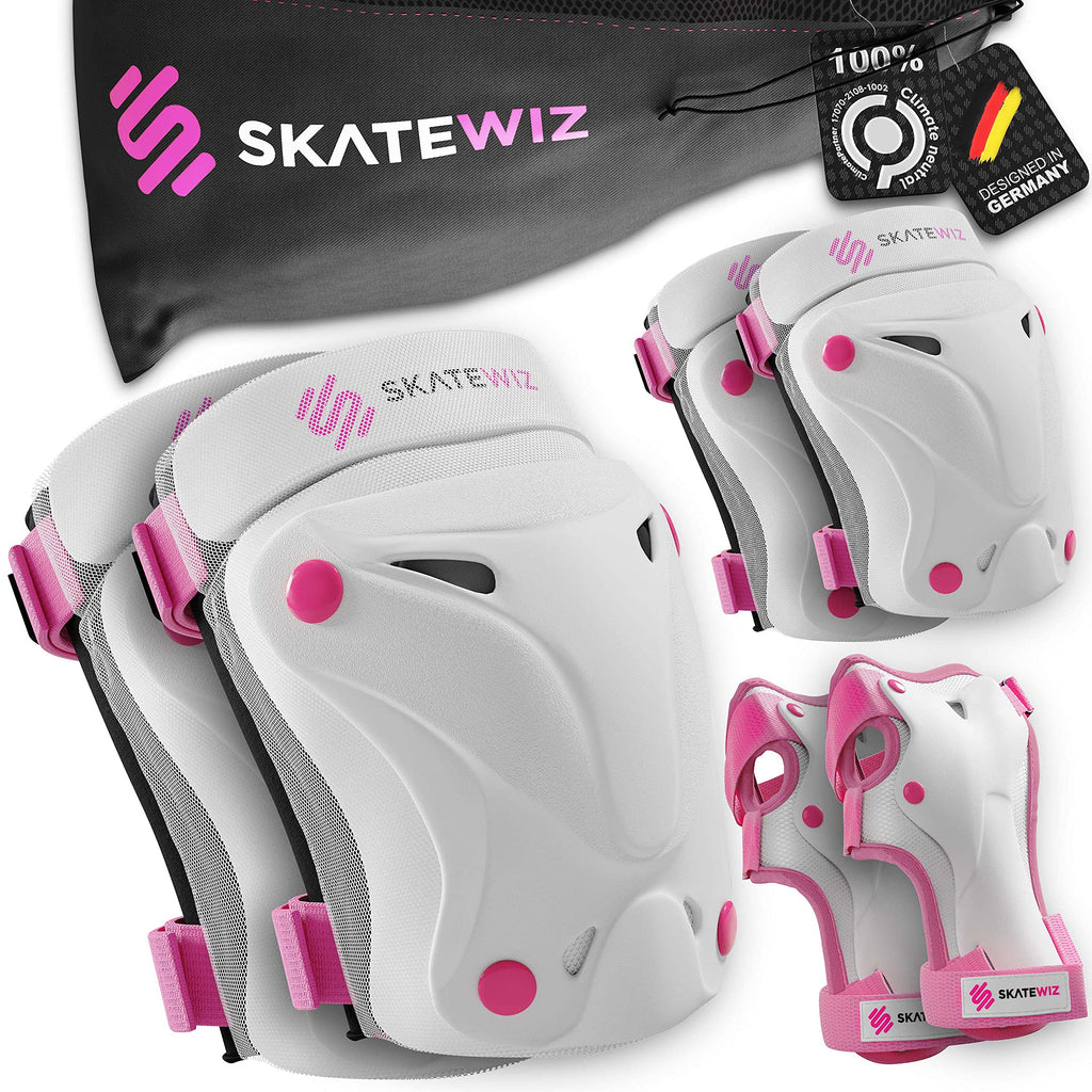 SKATEWIZ Skate Pads - Knee and Elbow Pads & Wrist Guards for Roller Skating [6pc] Climate Neutral Skating Protective Gear Adult and Kids - Roller Skate Pads Pink-White Small - BeesActive Australia
