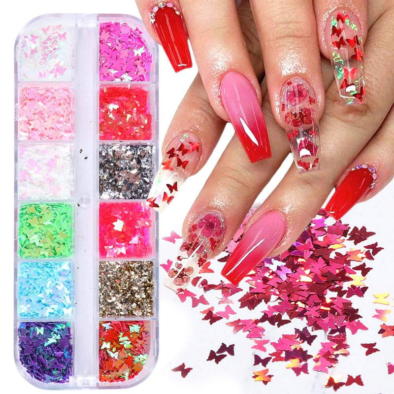 Butterfly Nail Foil Holographic Nail Art Sequins Glitter Kits Nail Art Stickers Decals Nail Supplies Kits Nail Accessories Decoration Flakes 3D Butterfly Sparkly Mermaid Mirror Manicure 12 Color - BeesActive Australia