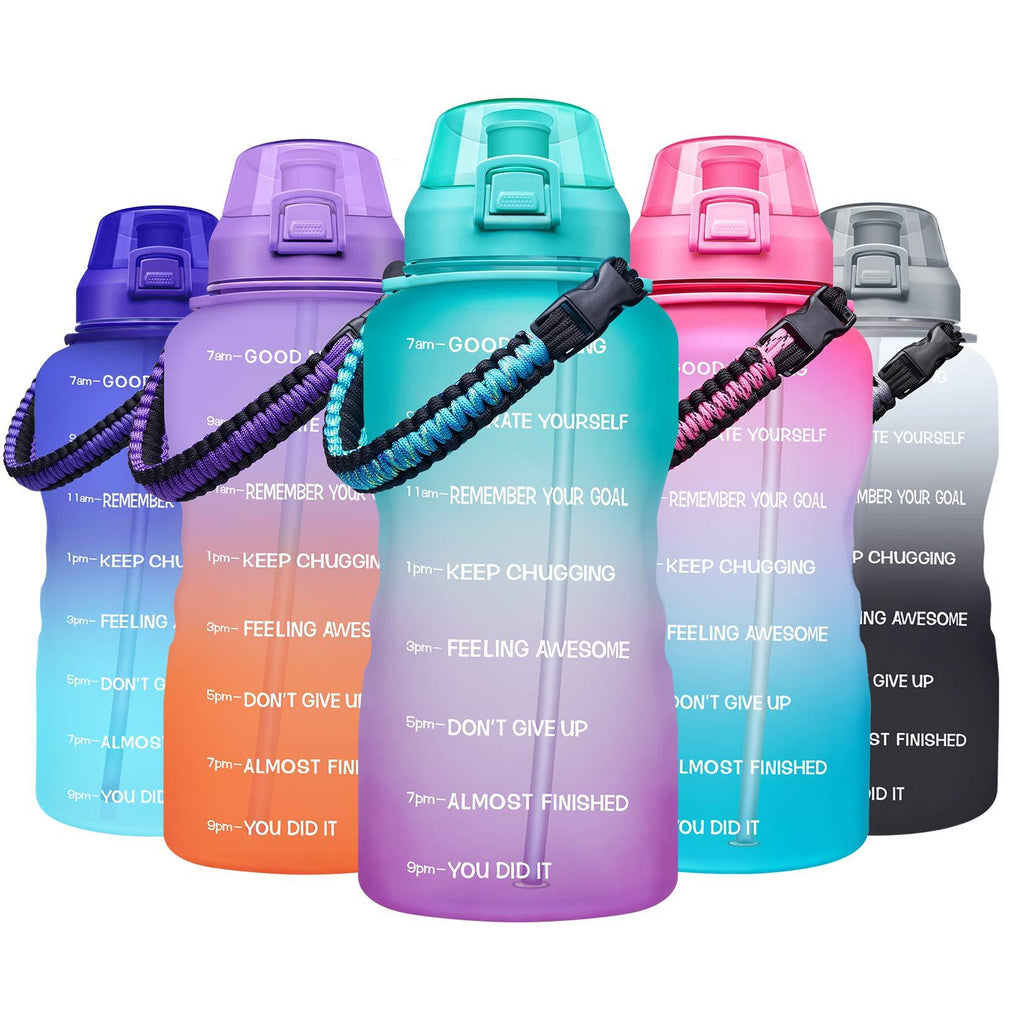 Giotto Large 1 Gallon Motivational Water Bottle with Paracord Handle & Removable Straw - Leakproof Tritan BPA Free Fitness Sports Water Jug with Time Marker to Ensure You Drink Enough Water Daily A1-Green/Purple Gradient - BeesActive Australia