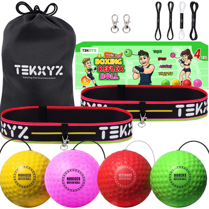 TEKXYZ Boxing Reflex Ball Family Pack, 4 Different Boxing Ball with Headband, Softer Than Tennis Ball, Perfect for Reaction, Agility, Punching Speed, Fight Skill and Hand Eye Coordination Training - BeesActive Australia
