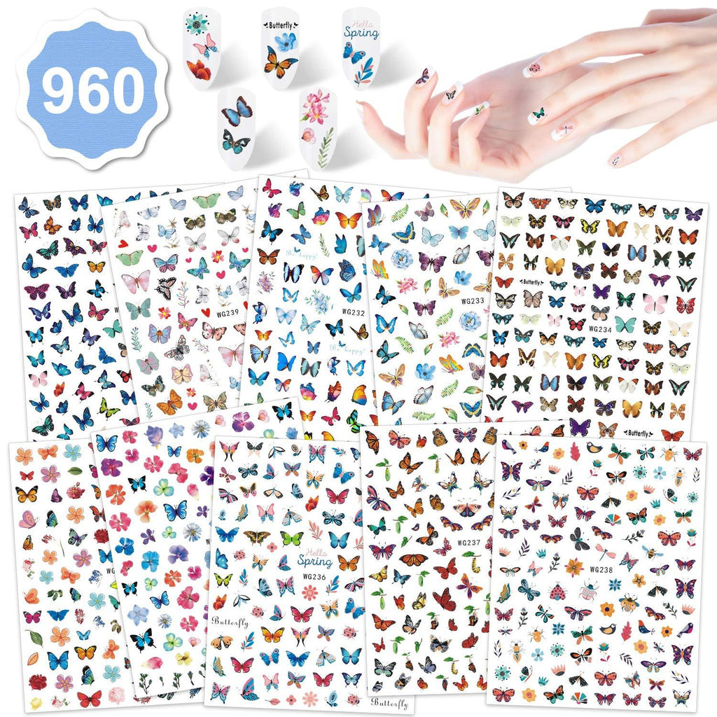 Konsait 960pcs Butterfly Nail Art Stickers, 3D Self-Adhesive Nail Decals Mixed Colourful Butterflies Manicure Decoration Decals for Women Girls Kids DIY Nail Salon Tea/Spa Party Favor Gift Bag Filler Style 2 - BeesActive Australia