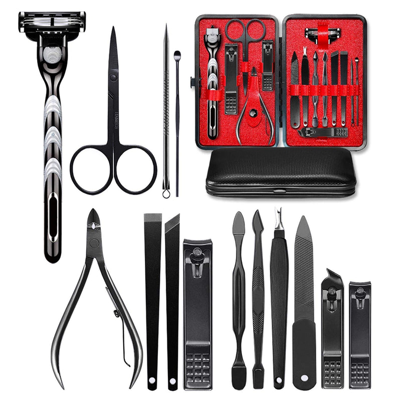 Happy Will Mens Manicure Set 14 in 1 Stainless Steel Nail Care Kit Professional Grooming Kit Scissors Beard Shaver with Portable Travel Case for Men Women (Black) Black - BeesActive Australia