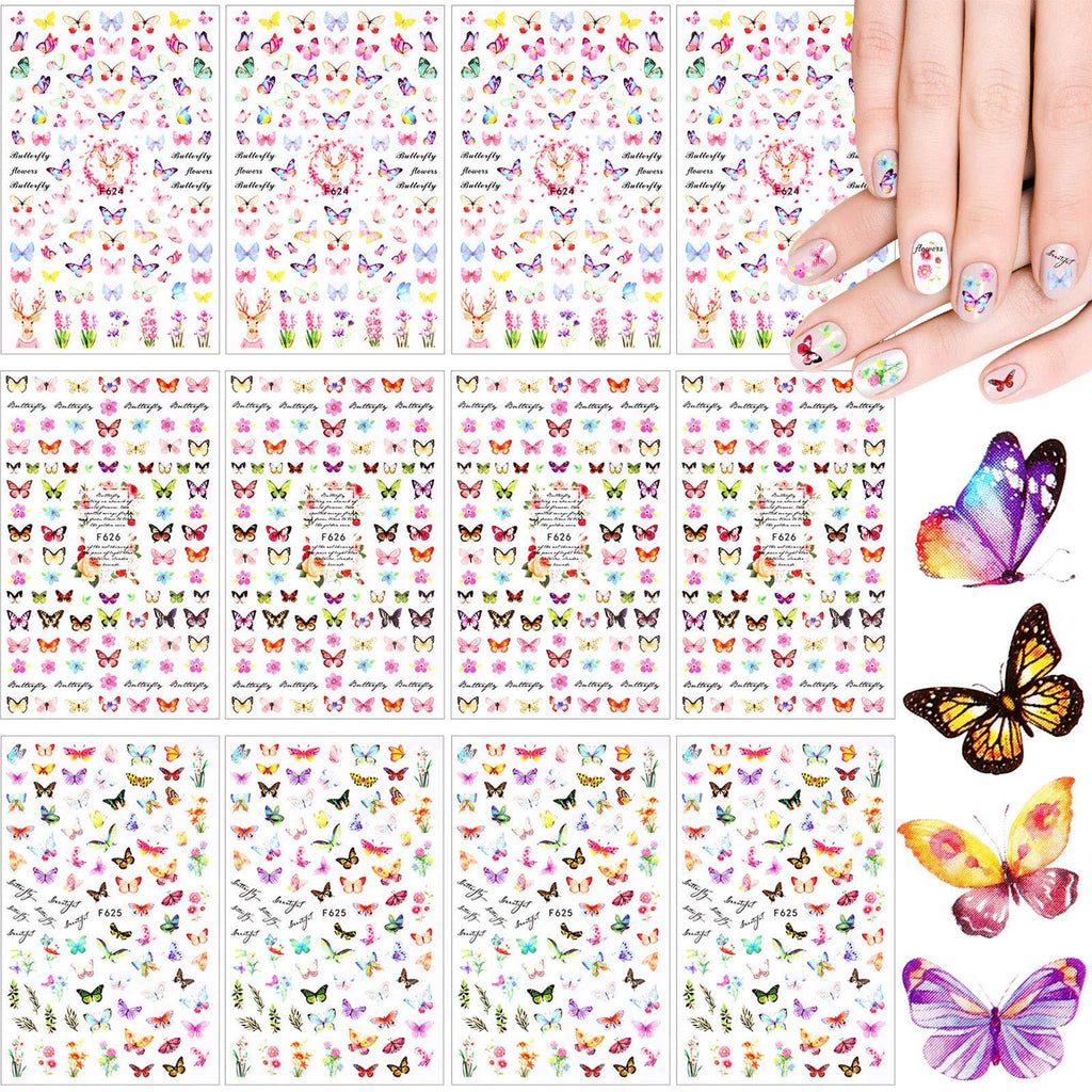 Blulu 12 Sheets 3D Butterfly Nail Art Stickers Adhesive Flowers Butterfly Nail Decal Stickers for Women Girls Nail DIY Decoration, About 1200 Pieces Totally (Refreshing Butterfly Series) Refreshing Butterfly Series - BeesActive Australia