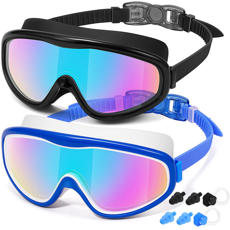 LOEO Swim Goggles Adult 2 Pack-Wide Vision Swimming Goggles for Men Women Youth Teens, No Leaking UV Protection Swim Goggle 01.black(ultra Mirror Lens)+blue/White(ultra Mirror Lens) - BeesActive Australia
