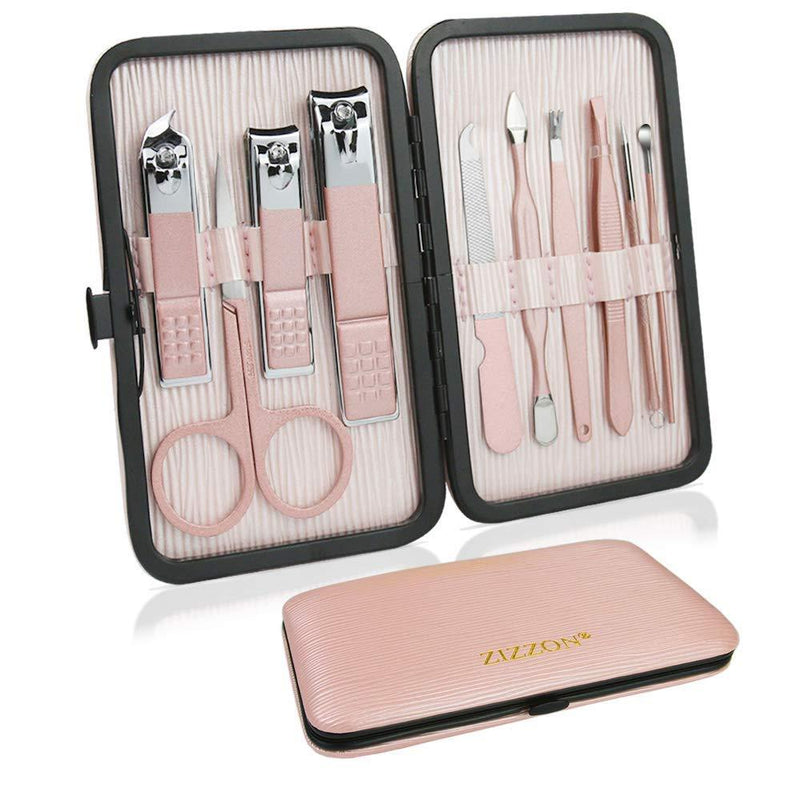 ZIZZON Travel Mini Manicure set Nail Clipper set 10 in 1 Stainless Steel Pedicure Care Grooming kit with Case Pink - BeesActive Australia