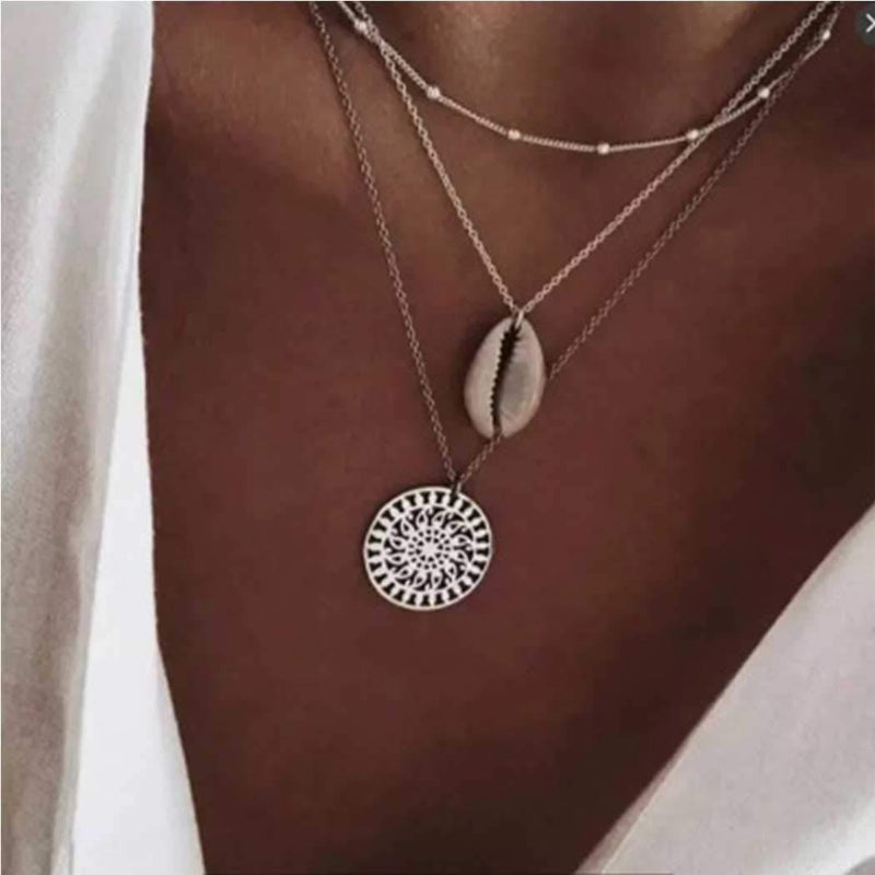 Blufly Layered Coin Pendant Necklace Silver Shell Necklaces Beads Necklace Chain Boho Jewelry for Women and Girls - BeesActive Australia