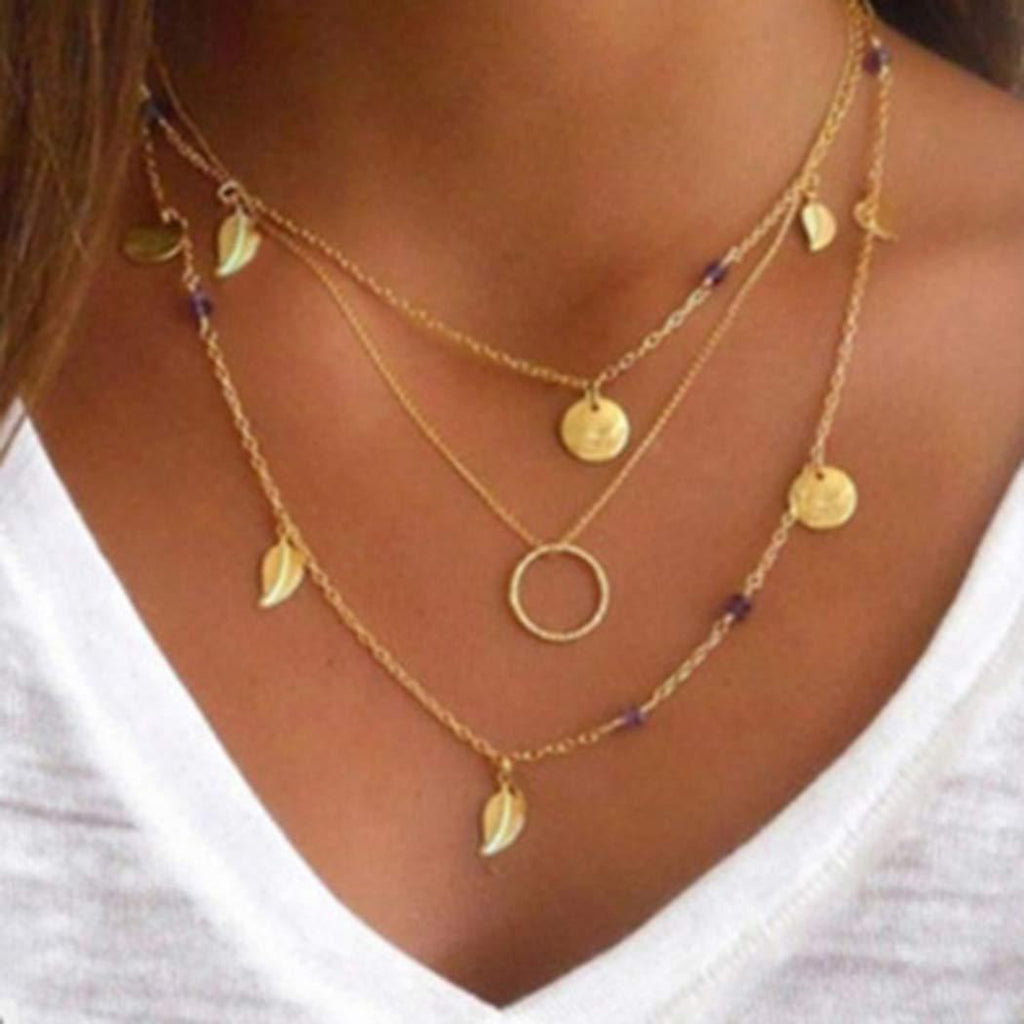 Sakytal Boho Layered Sequins Necklace Gold Ring Leaf Pendant Necklaces Chain Jewelry Adjustable for Women and Girls - BeesActive Australia