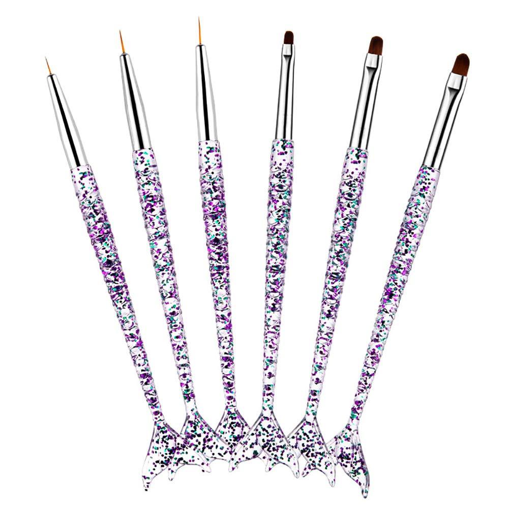 DANNEASY 6Pcs Acrylic Nail Art Brush Set Glitter Mermaid Handle Nail Liner Pen Make Detailing Striping Blending Painting Flower Manicure Salon Tools Kit 1 - BeesActive Australia