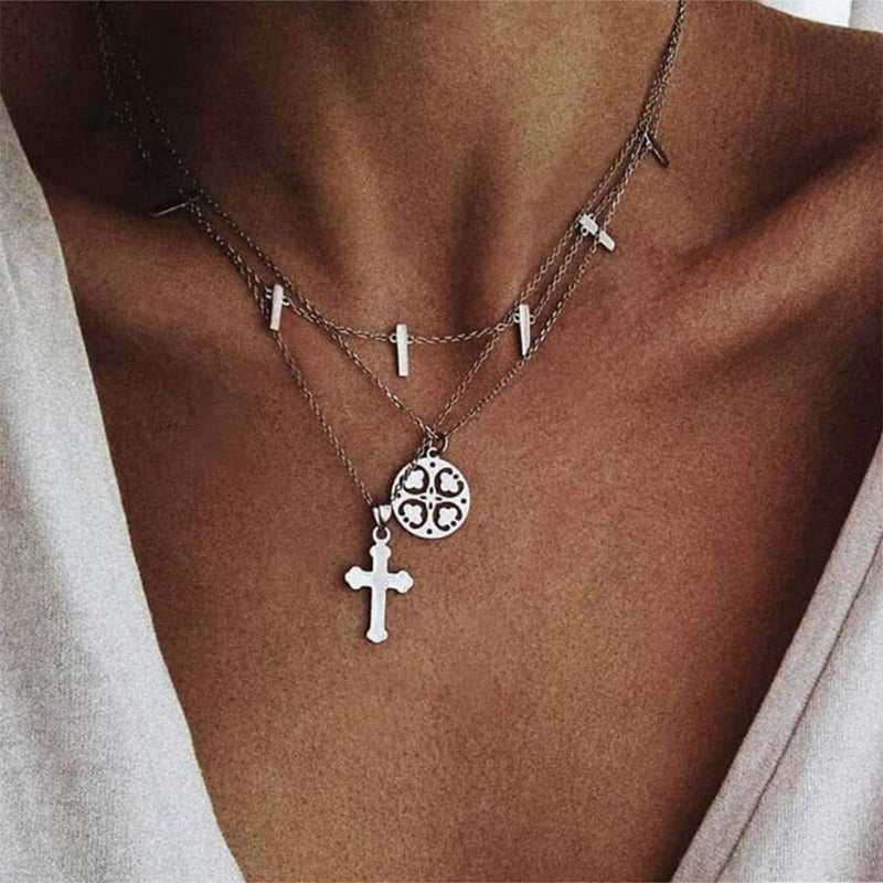 Funyrich Simple Layered Jesus Necklace Chain Sliver Cross Necklaces Pendant Jewelry for Women and Girls - BeesActive Australia