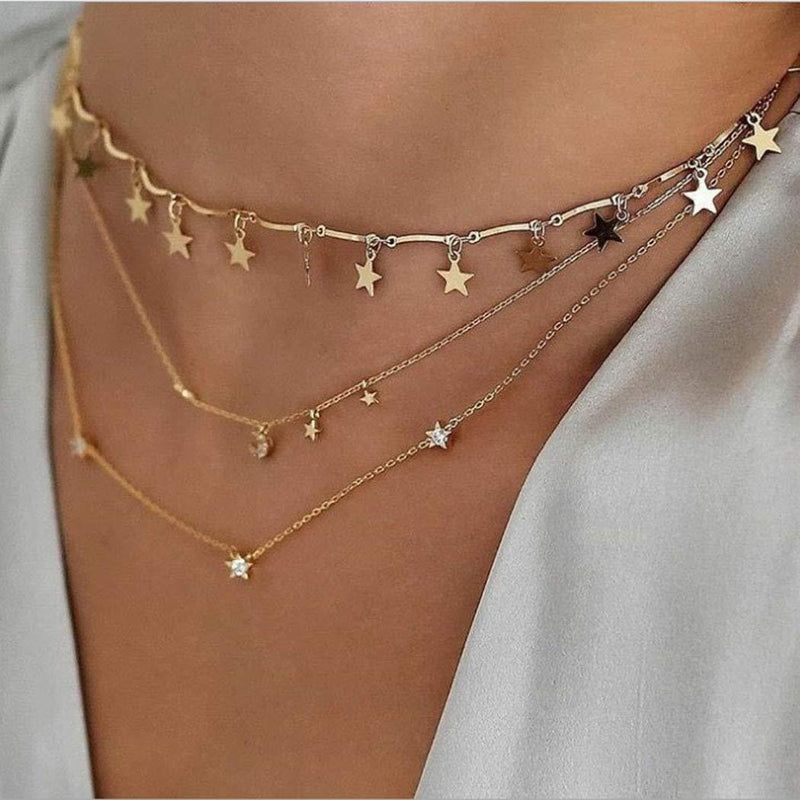 Ronglia Boho Layered Star Choker Necklace Gold Crystal Moon Tassel Necklaces Chain Jewelry for Women and Girls - BeesActive Australia