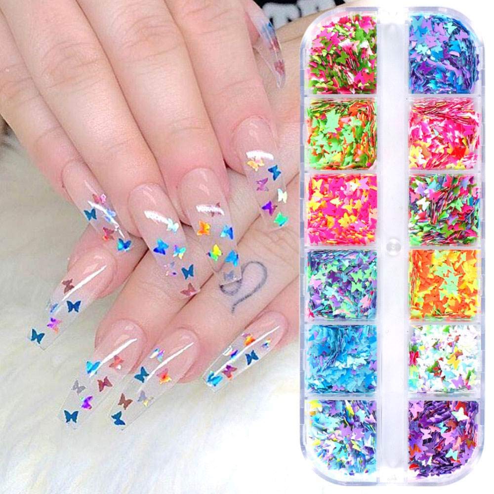 Butterfly Holographic Nail Art Sequins Glitter Kits Butterfly Nail Art Decals Supplies Nail Sparkle Glitter for Nail Art Decoration 12 Grids/Box(Set) - BeesActive Australia