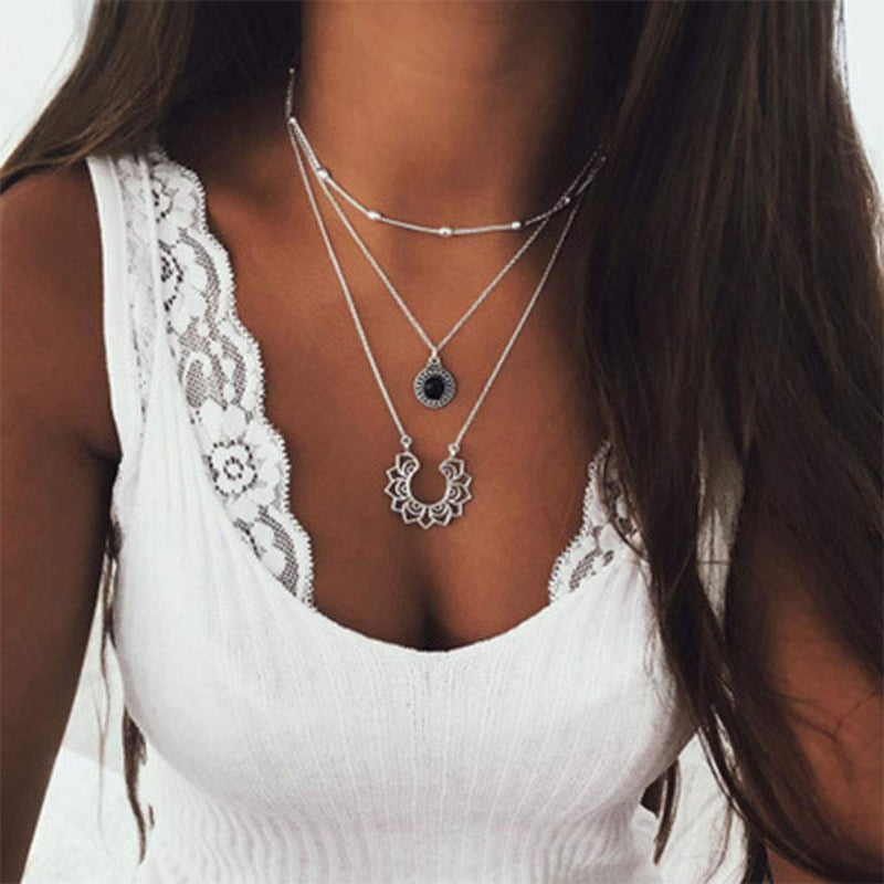 Funyrich Boho Layered Beads Necklace Chain SilverFlower Crystal Necklaces Pendant Jewelry for Women and Girls - BeesActive Australia
