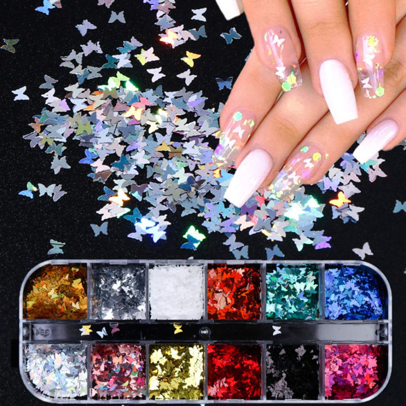 3D Butterfly Nail Glitter Sequins 12 Colors Design Butterfly Nail Art Stickers Decals Laser Butterfly Nail Sequin Acrylic Paillettes Holographic Nail Sparkle Flakes Glitter for Nail Art Decoration - BeesActive Australia