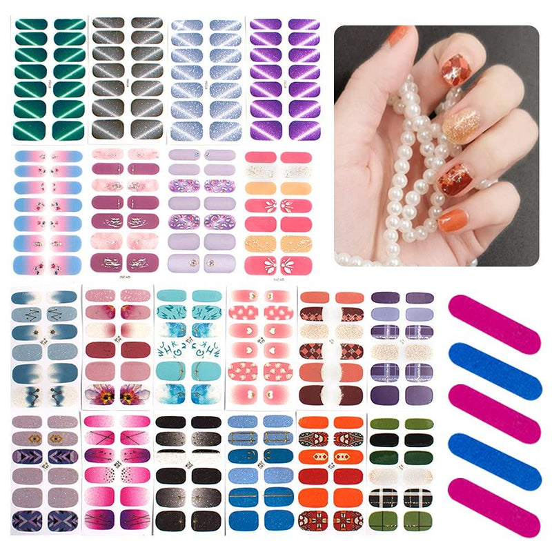 DailyTreasures 20 Sheets Full Wraps Nail Stickers, DIY Self-Adhesive Glitter Nail Art Decals with 5Pcs Nail Buffers Files-Nail Art Polish Stickers for Women Girls Holiday - BeesActive Australia