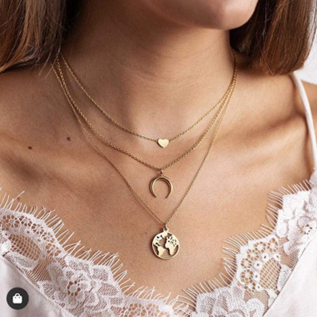 Jozape Layered Necklace Gold Heart Pendant Necklace Moon Necklace Earth Necklace Jewelry Chain for Women and Girls - BeesActive Australia