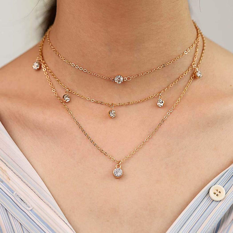 Adflyco Boho Layered Crystal Choker Necklace Gold Rhinestone Pendant Necklaces Chain Jewelry Adjustable for Women and Girls - BeesActive Australia