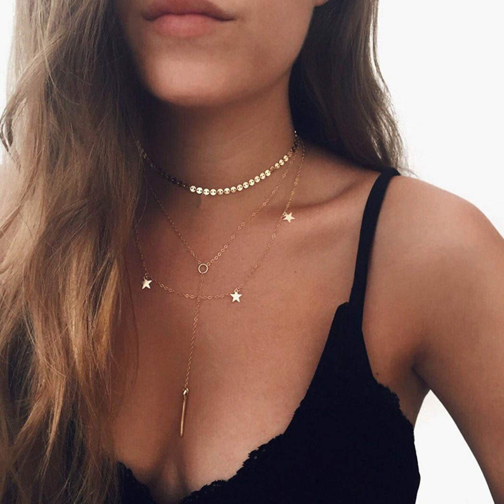 Ronglia Boho Layered Sequins Choker Necklaces Silver Star Circle Pendant Necklace Long Bar Choker Chain Jewelry Adjustable for Women and Girls - BeesActive Australia