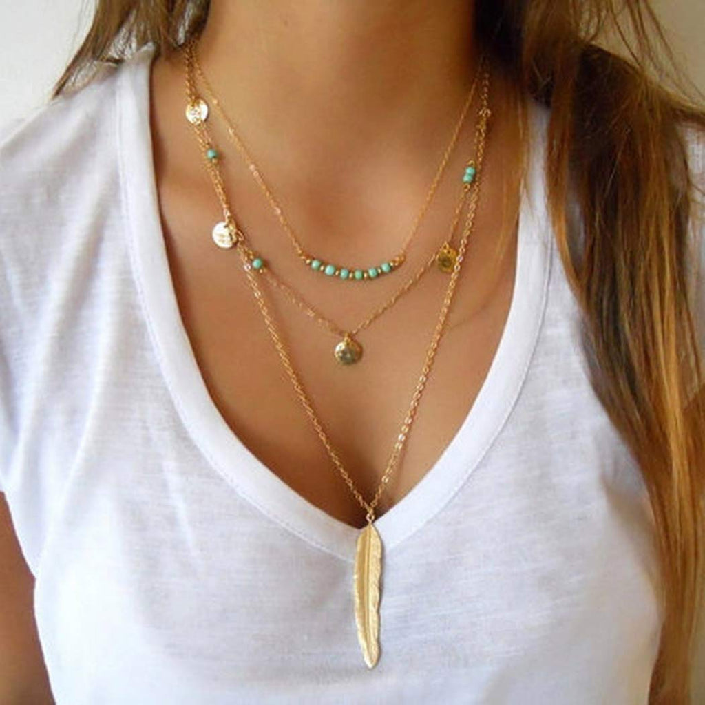 Adflyco Boho Layered Turquoise Necklace Gold Sequins Feather Pendant Necklaces Chain Jewelry Adjustable for Women and Girls - BeesActive Australia
