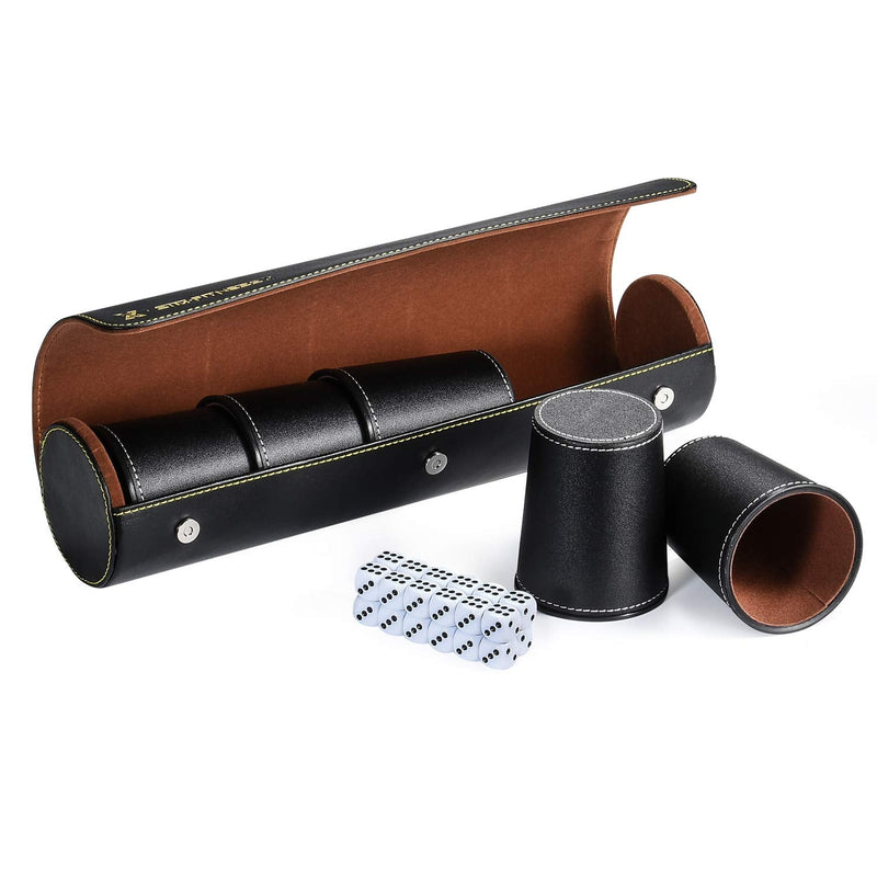Party Games Leather Dice Cup Set, 5 Black Leather Dice Cups + 25 Dice + Exclusive Storage and Transport Case Made of Faux Leather with Magnetic Closure - BeesActive Australia