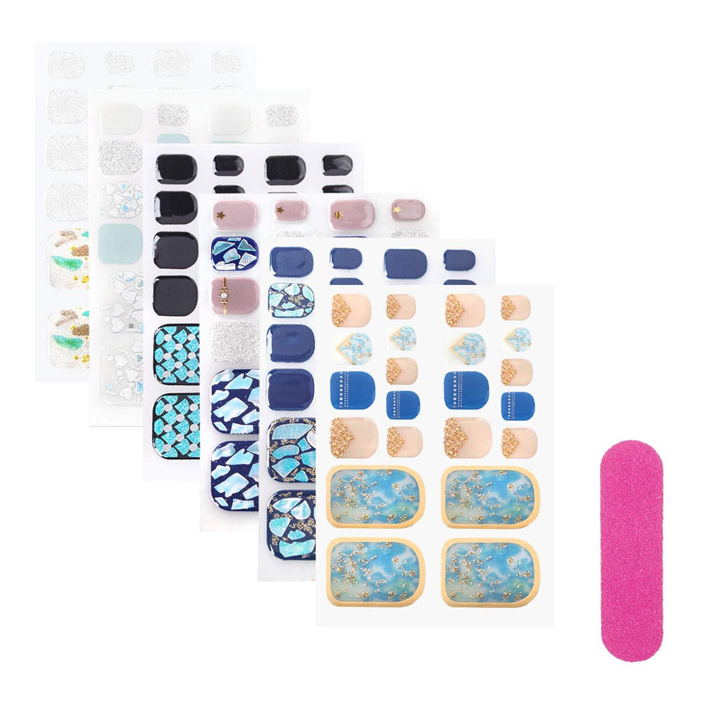 Laza 144 pcs 6 Sheets Toenail Full Nail Wraps Nail Polish Stickers DIY Glitter Sequins Adhesive Nails Art Sticker Manicure Decal Tips with 1 pcs Nail Files for Women Girls - Beach Walk - BeesActive Australia