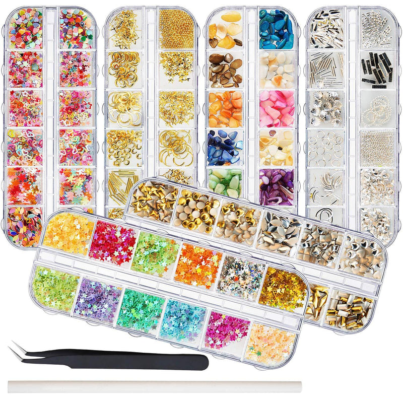 EBANKU 6 Boxes Nail Art Rhinestones Nail Crystal Gems Diamonds Gold Silver Nail Art Studs Colorful star Sequins and Rhinestones with Tweezers and Picking Pen for Nail Art DIY Supplies - BeesActive Australia