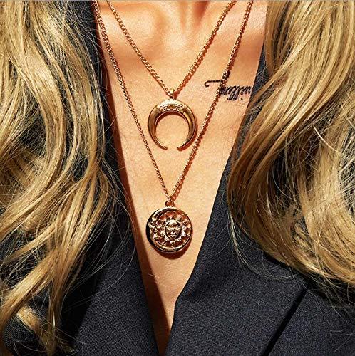 Bmirth Boho Layered Sun Necklace Gold Moon Pendant Necklalces Vintage Double Horns Necklace Jewelry for Women and Girls - BeesActive Australia