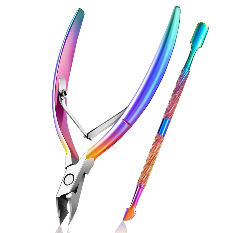 Cuticle Trimmer with Cuticle Pusher, Easkep Cuticle Remover Cuticle Nipper Professional Stainless Steel Cuticle Cutter Clipper Durable Pedicure Manicure Tools for Fingernails and Toenails (Rainbow) Rainbow - BeesActive Australia
