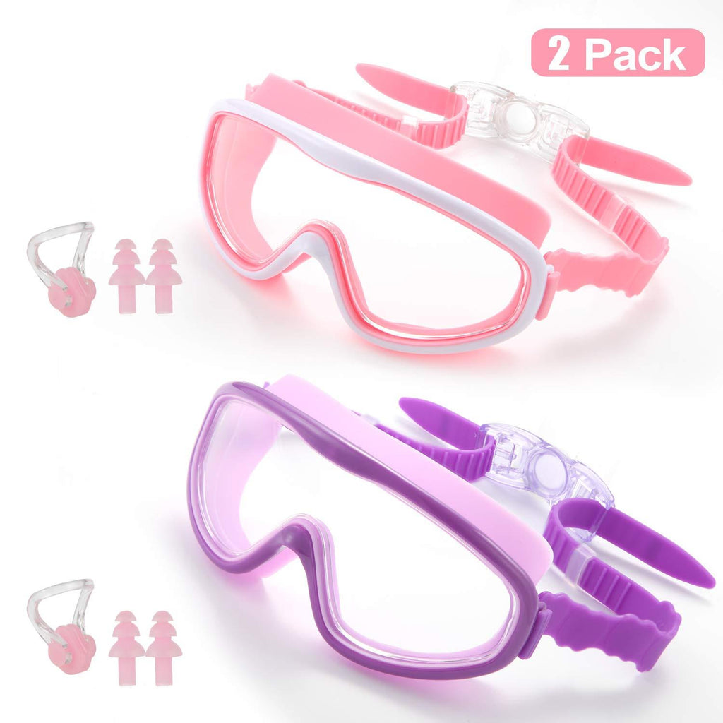 [AUSTRALIA] - Swimming Goggles for Kids, Noelwose 2 Pack Swim Goggles No Leaking Anti-Fog UV Protection Mirrored & Ultra Clear Wide Vision Triathlon Swim Goggles for Children Toddler and Early Teens Purple & Pink 