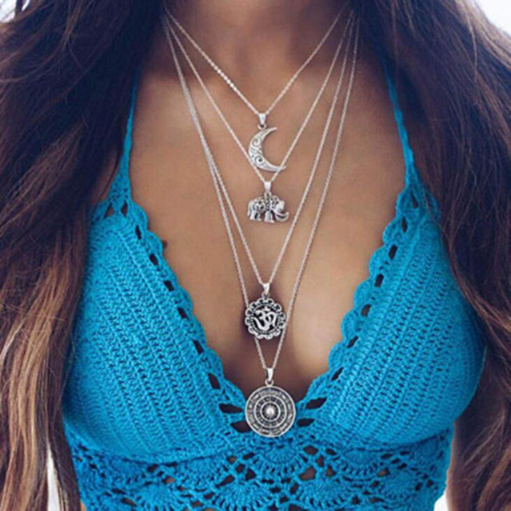 Zehory Boho Layered Moon Necklaces Silver Coin Pendant Necklaces Gyspy Elephant Necklaces Chain for Women and Girls - BeesActive Australia