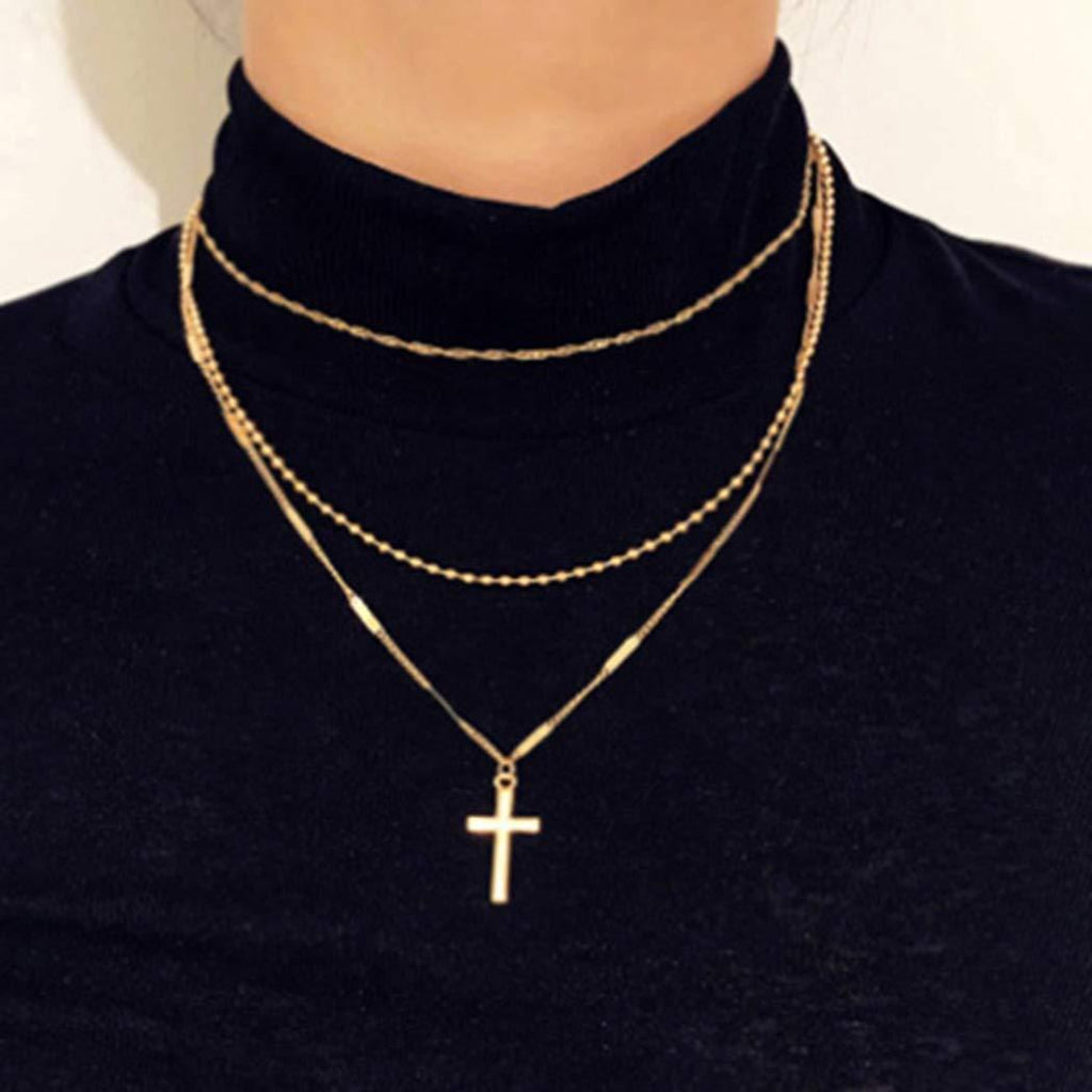 Zehory Boho Layered Cross Necklace Gold Beaded Pendant Necklaces Chain Jewelry for Women and Girls - BeesActive Australia