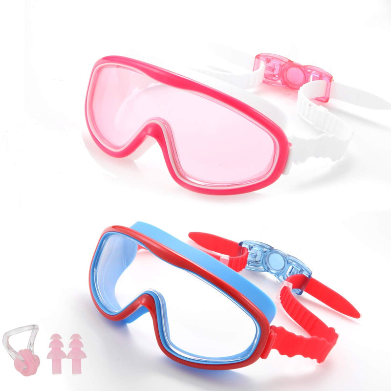 2 Pack Swimming Goggle for Kids Teen, No Leak Anti-Fog UV Protection Wide View Blue/Red & White/Red - BeesActive Australia