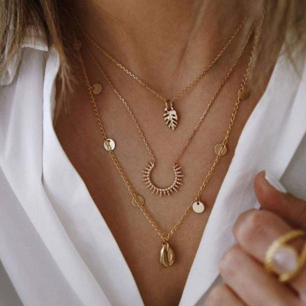 Zehory Boho Layered Sequin Necklace Gold Shell Necklaces Coin Necklace Chain Jewelry for Women and Girls - BeesActive Australia