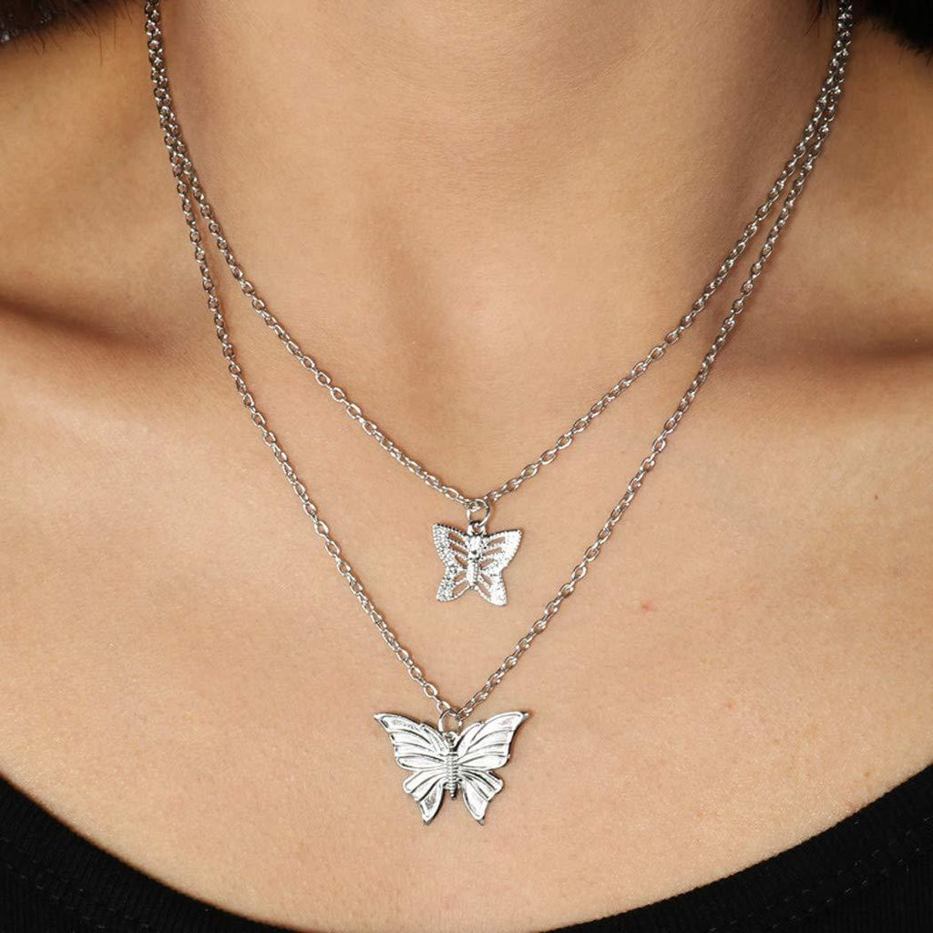 Jovono Boho Layered Necklaces Butterfly Pendant Chain Fashion Necklace Dainty Gift Chain Jewelry for Mother Girlfriend Women and Girls (Silver) Silver - BeesActive Australia