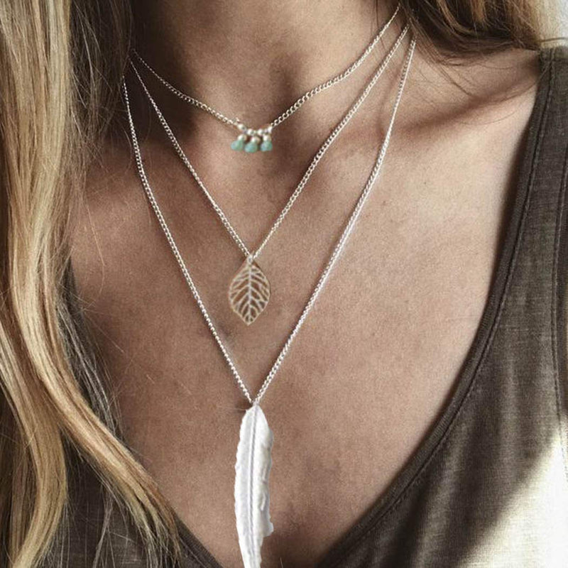 Zehory Boho Layered Turquoise Necklaces Silver Leaf Pendant Necklace Feather Necklaces Chain Jewelry Adjustable for Women and Girls - BeesActive Australia