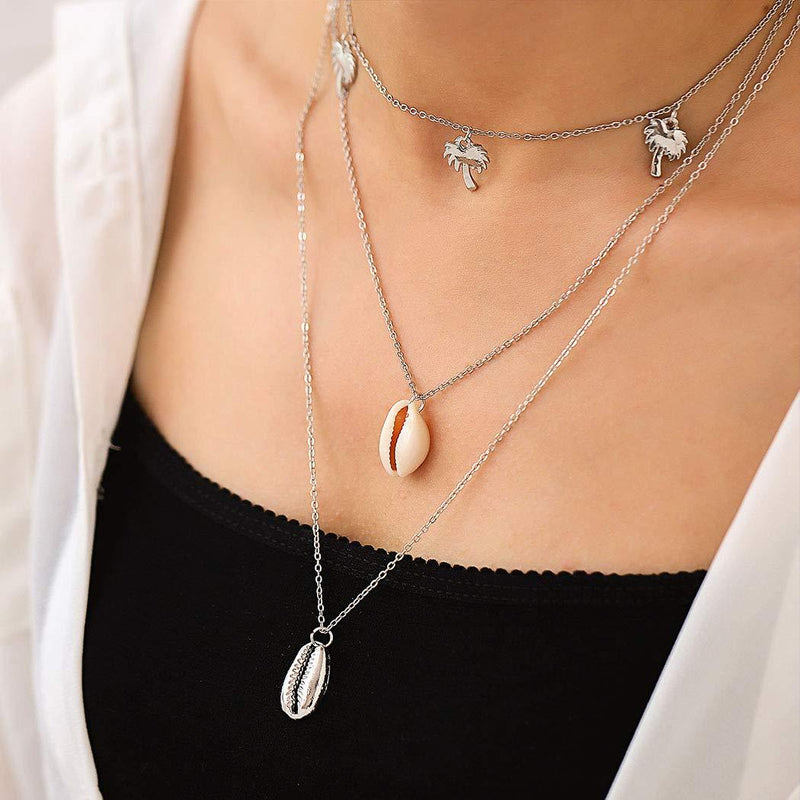 Zehory Boho Shell Layered Necklace Silver Seashell Pendant Necklaces Choker Coconut Tree Tassel Necklace Chain Jewelry for Women and Girls - BeesActive Australia