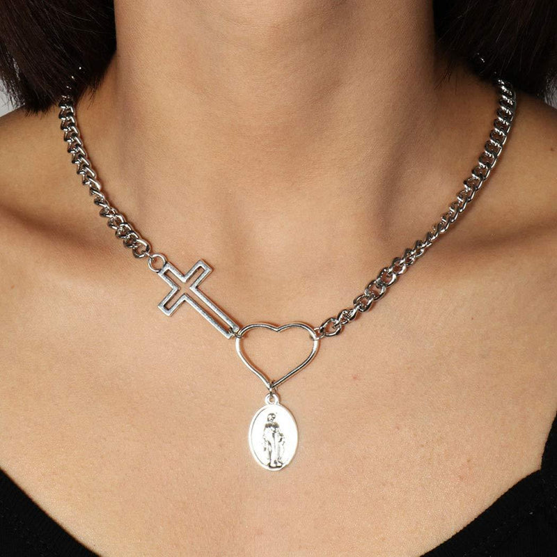 Jovono Fashion Cross Virgin Mary Pendant Necklaces Heart Necklace Chain Jewelry for Women and Girls (Silver) Silver - BeesActive Australia