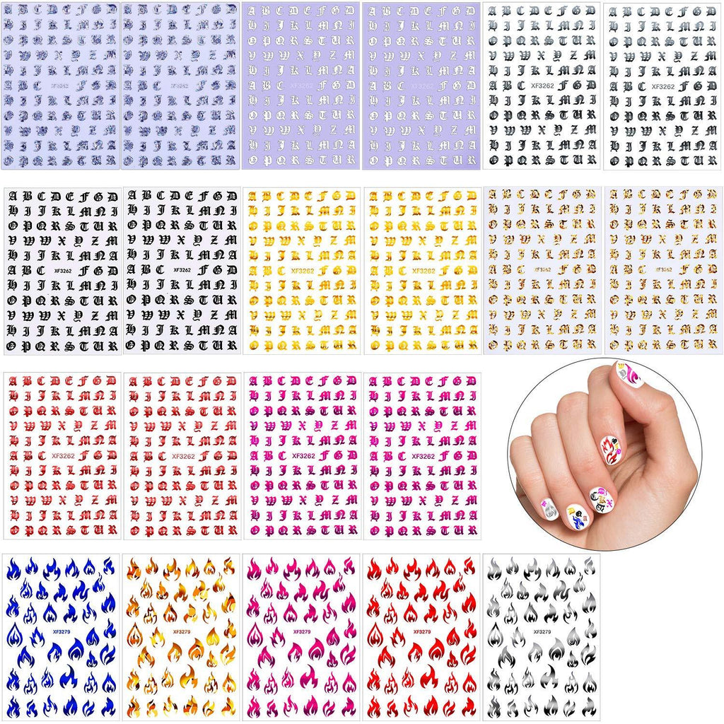 21 Sheets Holographic Letter Nail Art Stickers, Include 16 Sheets Letter and 5 Sheets Flame 3D English Alphabet Nail Decals Flame Pattern Adhesive Nail Decals for Women Girls Nail Decorations - BeesActive Australia